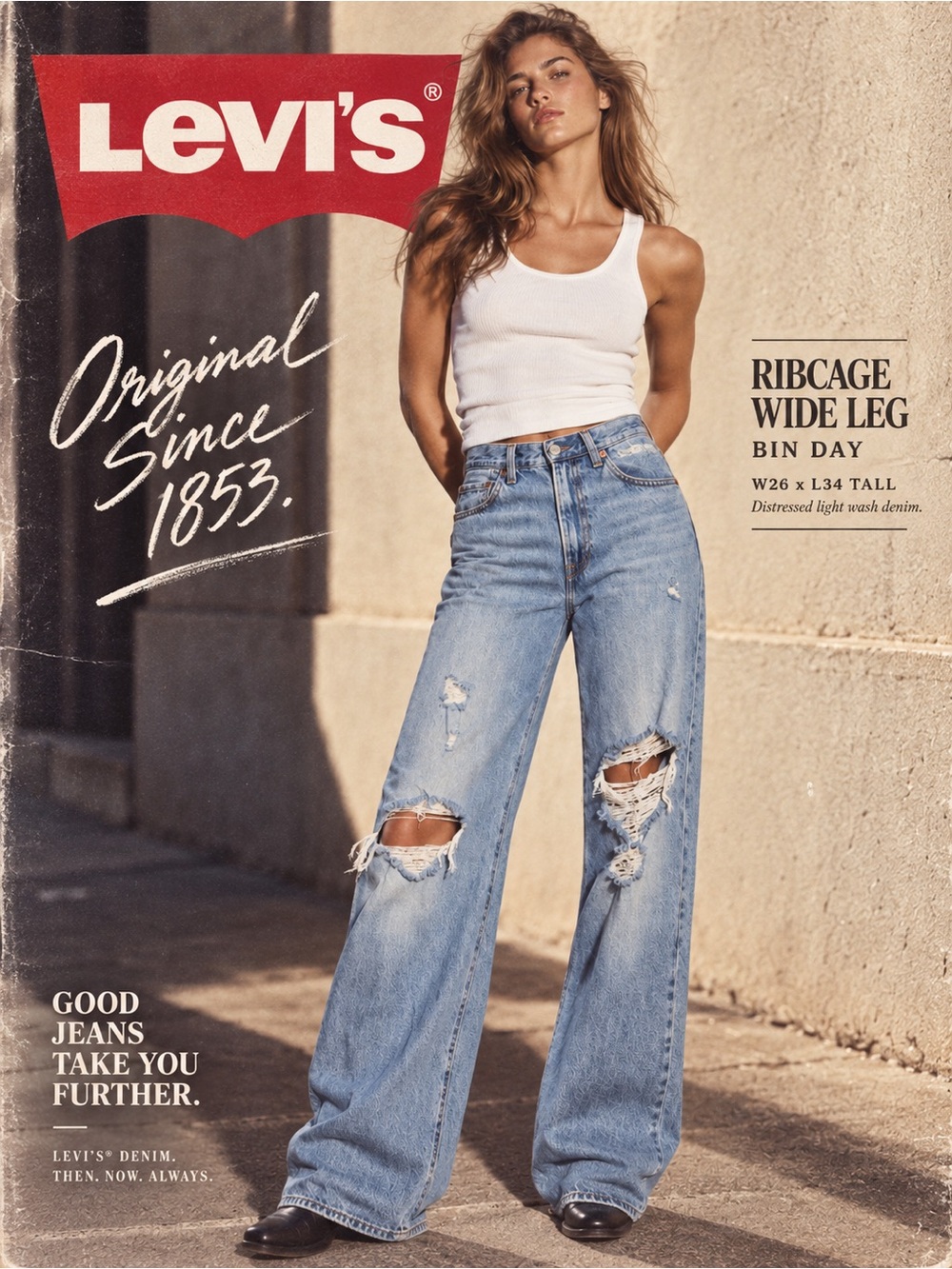 Levi’s Ribcage Wide Leg Distressed Jeans 26 x 34 Tall Bin Day Light Wash